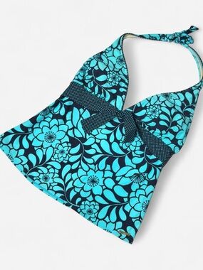 Vintage Y2K Tankini, Swim Halter Top, Floral Blue, Size Medium